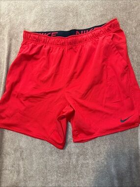 Nike Red Men's Athletic Training Shorts with Navy Waistband